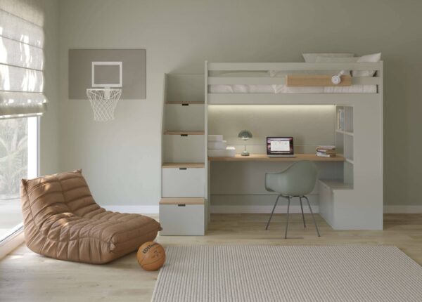 Lit Mezzanine XL avec bureau et librairie